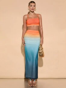 SHEIN BAE 女式渐变色细肩带短款上衣和渐变色高腰荷叶边下摆铅笔裙两件套，夏季海滩/休闲装
