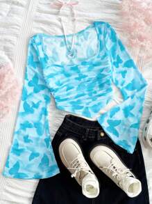 Soleia Women's Vacation Knitted Mesh Red Insect Butterfly Print V-Neck Long Flared Sleeve Fitted Cute T-Shirt - Baby Blue - View 1