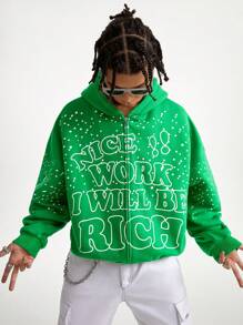 Manfinity VCAY Men's Loose Fit Round Neck Long Sleeve English Letter Printed Pullover Sweatshirt, For Fall Winter - Green - View 3