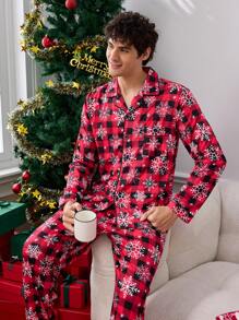 Men's Plaid Print Button-Up Long Sleeve Top And Pants Sleepwear Set - Black - View 3