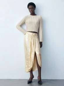 Maija Women's Khaki Sequin Solid Color Pleated Skirt For Party - Gold - View 3