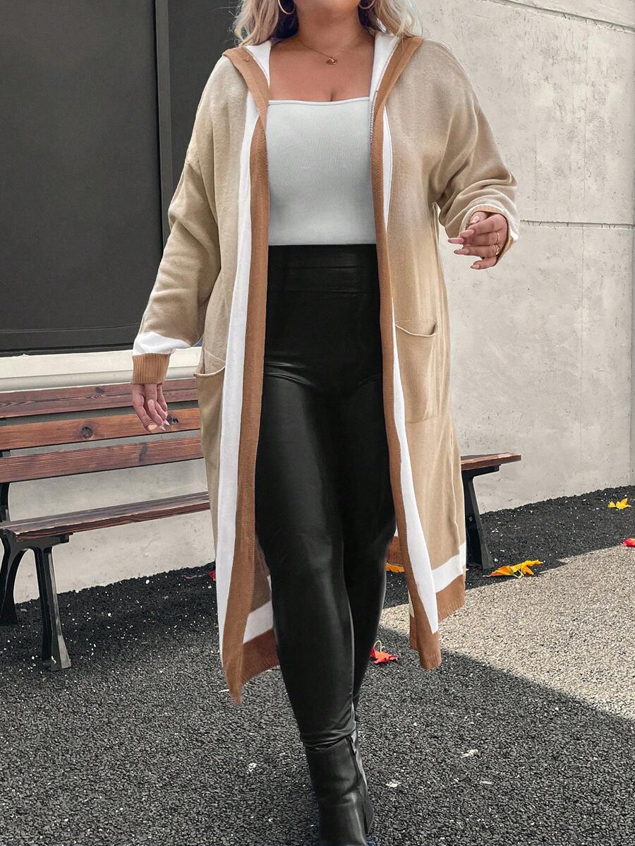 SHEIN LUNE Áo khoác thường ngày màu trơn dài tay hở trước cỡ lớn có túi vá - Nhiều màu - Xem 1