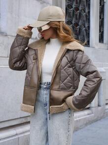 EURMUSE Contrast Patchwork Special Design Winter Coat - Mocha Brown - View 1