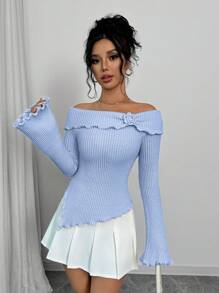 Elenzga 优雅荷叶边露肩针织修身毛衣，适合分层穿着 - 淺藍色 - 查看 5