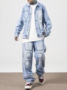 Manfinity EMRG Bộ 2 áo sơ mi nam cài nút phía trước nhiều túi và quần jeans thường ngày - Rửa nhẹ - Xem 1
