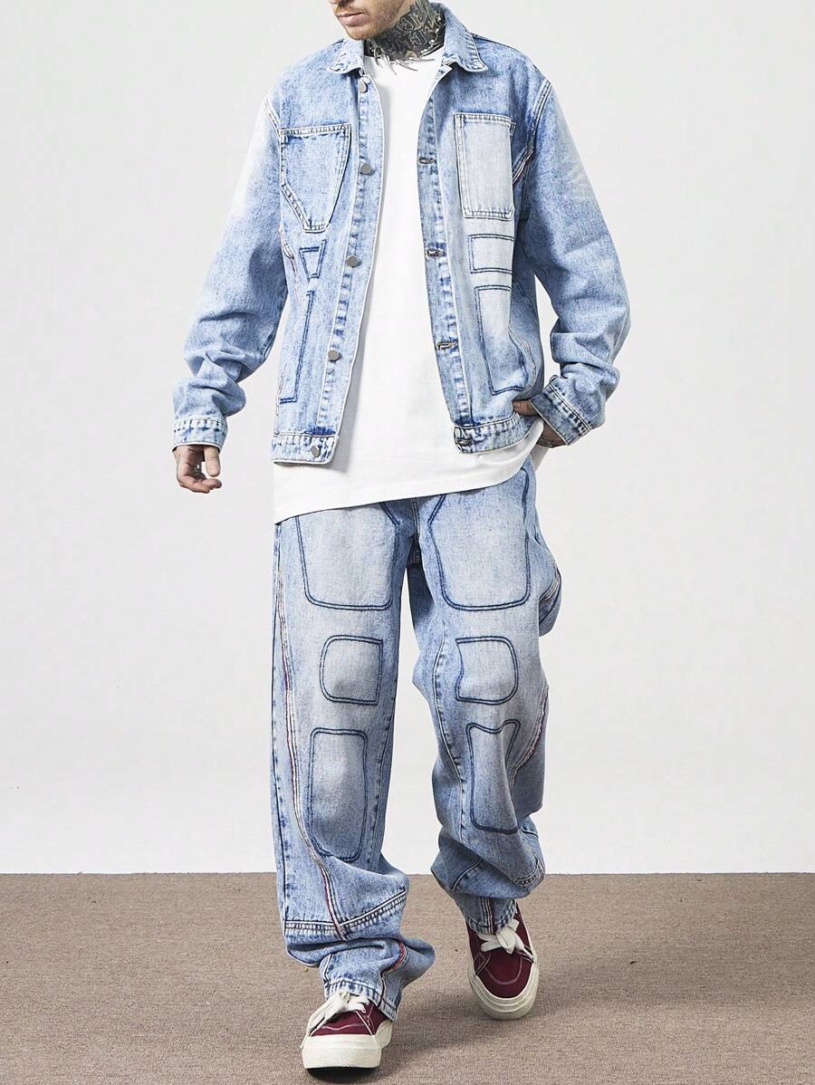 Manfinity EMRG Bộ 2 áo sơ mi nam cài nút phía trước nhiều túi và quần jeans thường ngày - Rửa nhẹ - Xem 1