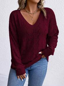 SHEIN CURVE+ Áo len nữ cỡ lớn, màu trơn, cổ chữ V, khoét lỗ, tay dài, kiểu dáng thường ngày, màu đỏ tía, thích hợp cho mùa thu/đông. - Màu Đỏ Sâu - Xem 4