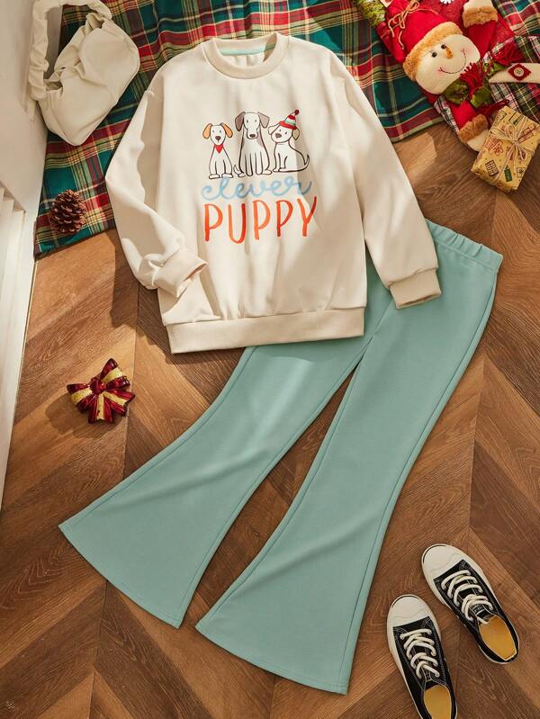 Conjunto de 2 peças de moletom com estampa de cachorrinhos de Natal para meninas adolescentes e calças boca de sino, roupa de feriado