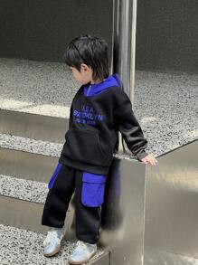 SHEIN 2pcs/Set Young Boys'' Casual Purple Contrast Color Letter Print Sweatshirt & Sweatpants Set, Street Fashion Style For Spring, Autumn, Winter - Multicolor - View 4