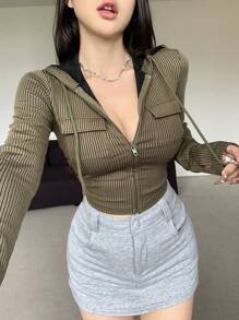 DAZY Spring & Autumn Casual Striped Hooded T-Shirt With Flap Pockets Long Sleeve Women Tops,Fall Women Clothes - Green - View 3