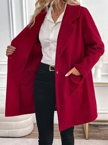 SHEIN LUNE 女士休闲安克拉红色羊毛大衣，秋冬款 - 紅色 - 查看 7