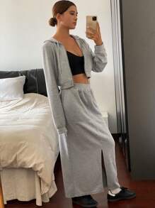 DAZY 2 piezas/Conjunto falda mini ajustada y sudadera con capucha de unicolor para mujer