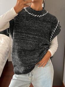 DAZY Chaleco de punto holgado de cuello redondo sin mangas con rayas de colores contrastantes para mujer, otoño e invierno - Gris - Ver 4