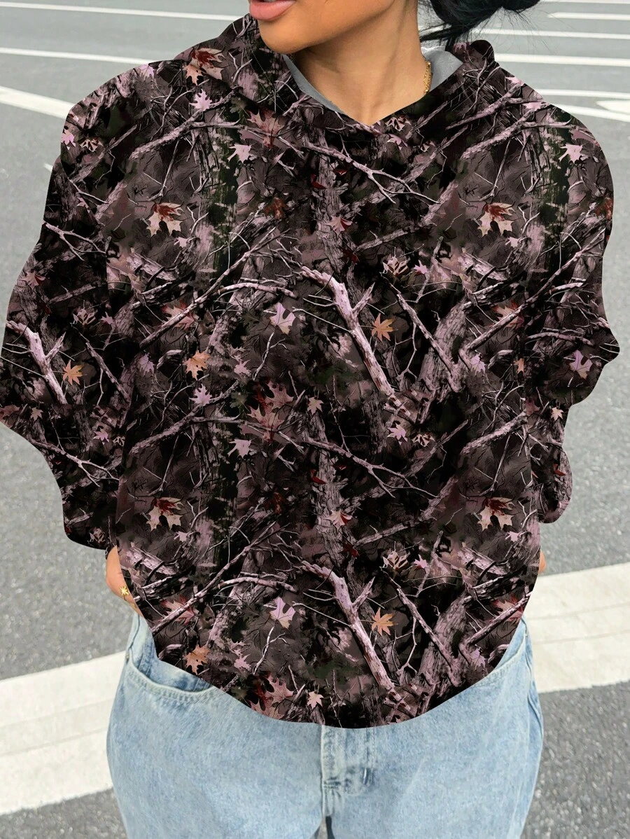 SHEIN EZwear 休闲简约枫叶与树枝印花连帽衫