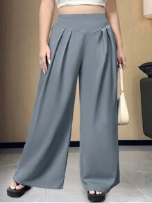 Flirla Pantalones anchos de talla grande de cintura alta, de unicolor y casuales - Azul - Ver 7