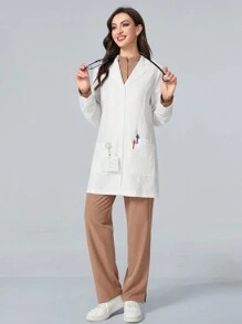 TaskEZ Front Button Closure Long Sleeve Pocket Lab Coat/White  Coat - White - View 4
