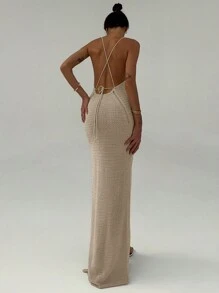 Aloruh 性感无袖露背连衣裙，休闲宽松夏季长裙 - 卡其色 - 查看 2