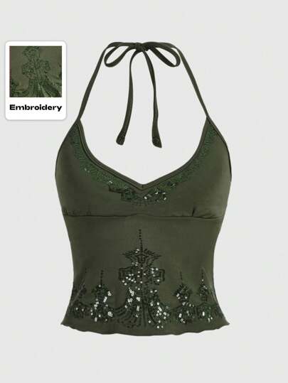 Hippie Contrast Sequins Halter Top