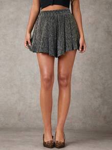 SHEIN BAE Women Metallic Pleated Elastic Waist A-Line Mini Shorts, Minimalist, Club - Black - View 5
