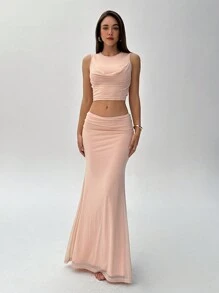 Aloruh Women's Sexy And Elegant Scoop Neck Draped Detail Top And Low Waist Skirt Knitted Skirt Set Pink Sets Women Two Pieces Sets Women Fall Sets Women Skirt Set