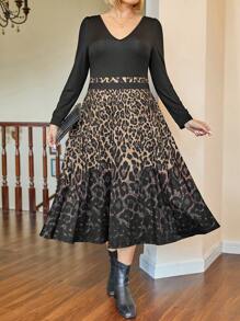 SHEIN Plus Size Women's Patchwork Leopard Print V-Neck Long Sleeve Dress Fall Cloth For Women