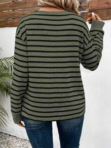 INAWLY 大码休闲圆领长袖条纹 T 恤，秋冬季，适合感恩节 - 軍綠色 - 查看 2