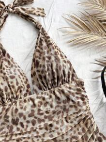 Soleia Plus Size Women Vacation Leopard & Floral Print Halter Backless Dress