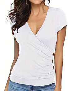 INAWLY Women's Solid V-Neck Short Sleeve Simple T-Shirt, Casual Daily Wear
