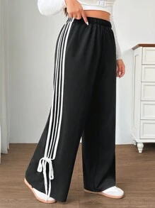 SHEIN EZwear Spodnie damskie Plus Size z elastycznym pasem i bocznymi paskami, luźne, swobodne, czarne