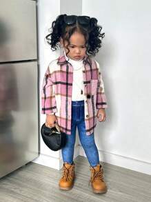 SHEIN Leap Crew 3pcs Baby Girl Adorable Plaid Shirt, Knit Sweater And Pants Set, Autumn/Winter - Pink - View 3
