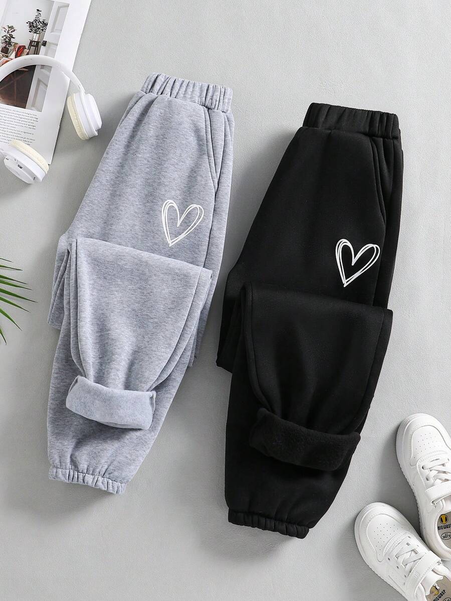 Teen Girls' Casual Heart Printed Thermal Lined Drawstring Sweatpants - Multicolor - View 1