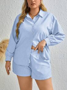 Inoviana Plus Size Striped Shirt And Shorts Set, Summer - Blue and White - View 6