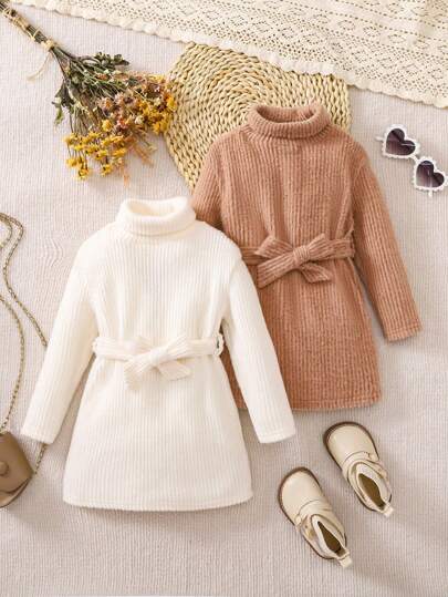 2 件套女婴针织长袖高领宽松连衣裙，适合外出和聚会，秋冬季