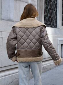 EURMUSE Contrast Patchwork Special Design Winter Coat - Mocha Brown - View 2