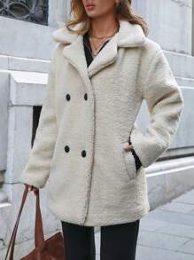 RueChic Casual Style, Faux Fur, Double Button Detailed Overcoat - Beige - View 3
