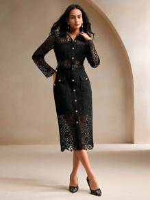 Anewsta Women's Spring/Autumn Long Sleeve Elegant French Lace Waist Slim Dress