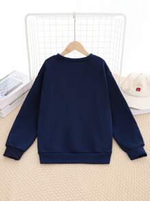 Tween Boy Letter Print Comfortable Crew Neck Long Sleeve Sweatshirt, Suitable For Spring & Autumn - Navy Blue - View 2