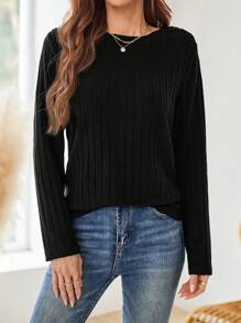 EMERY ROSE Fall Women Clothes Dark Blue Round-Neck Long-Sleeve T-Shirt For Autumn