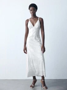 Maija 女式白色优雅长款亮片吊带裙，适合秋冬季