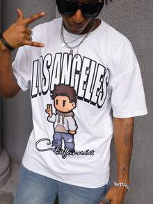 Manfinity Hypemode 男士圆领短袖简约印花 T 恤，休闲日常穿着 - 白色 - 查看 5