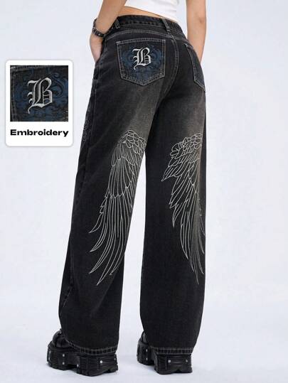 Grunge Punk Women's Low-Waist Wide-Leg Boy Friend Jeans With Street Hip-Hop Punk Style And Wings Embroidery, School