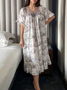 DAZY Lace Patchwork Chinese Style Allover Print Button Front Ruffle Hem Nightgown Pajama - Khaki - View 7