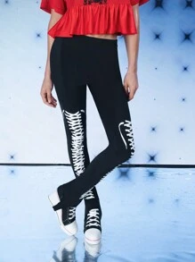 FREAK CITY 设计师女士系带印花马镫紧身裤休闲街头黑色紧身裤，假日，度假，春季，节日，伊比沙岛