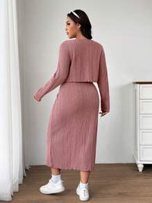 SHEIN EZwear 情人节，大码动漫风格休闲粉色针织开衫和连衣裙 2 件套 - 藕粉色 - 查看 2