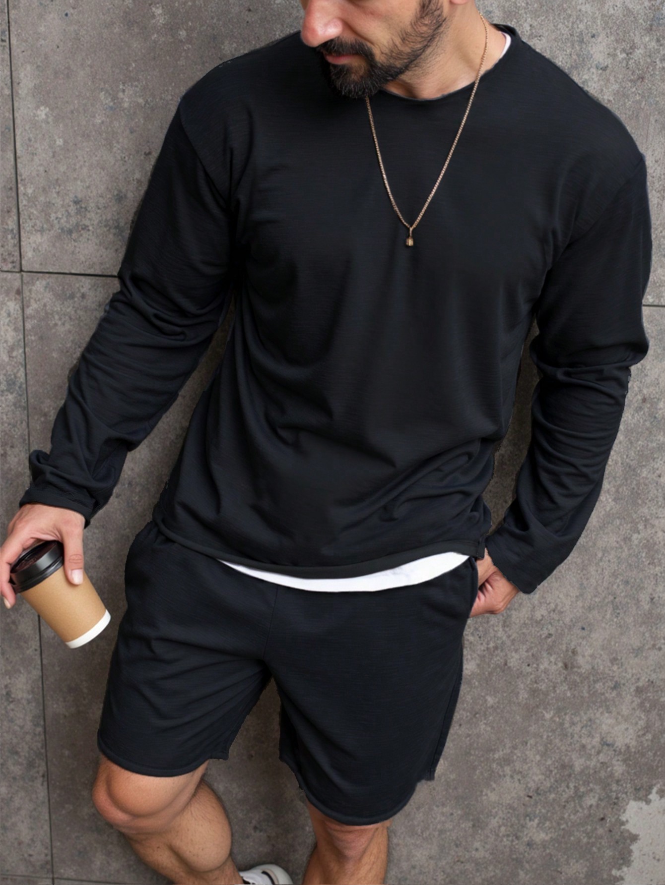 Manfinity Dauomo Men's Casual Solid Color Sweatshirt And Shorts Set, Spring And Autumn