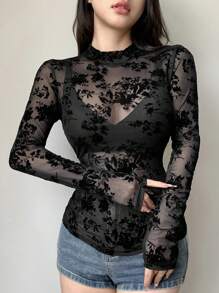 DAZY 女式花卉印花透明长袖衬衫外出上衣，秋季服装 - 黑色 - 查看 8