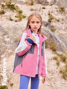 SHEIN Outdoor Casual Color Block Half Zip Stand Collar Long Sleeve Comfy T-Shirt Top For Tween Girls, Suitable For Outdoor Activities, Everyday Casual, Sports & Street Style