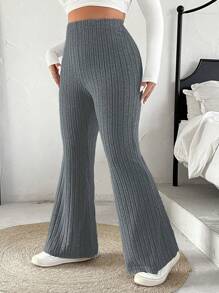 SHEIN EZwear 大码女式纯色松紧腰罗纹喇叭裤 - 深灰色 - 查看 3