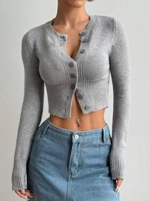 Flirla Áo len cardigan dáng ôm ngắn thời trang giản dị, mùa xuân/thu - Xám - Xem 3