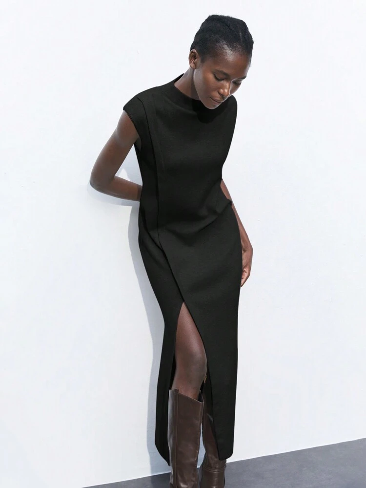 SHEIN Maija Vestido de suéter casual elegante de cuello redondo, de color negro, de líneas simples y con abertura en el bajo, para mujeres. Vestido femenino y elegante.